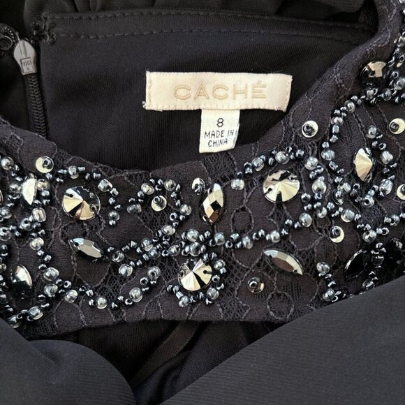 Cache Dark Gray Embellished Cutout Neckline Lace Trim Cocktail Ruched Dress 8 - Picture 5 of 5